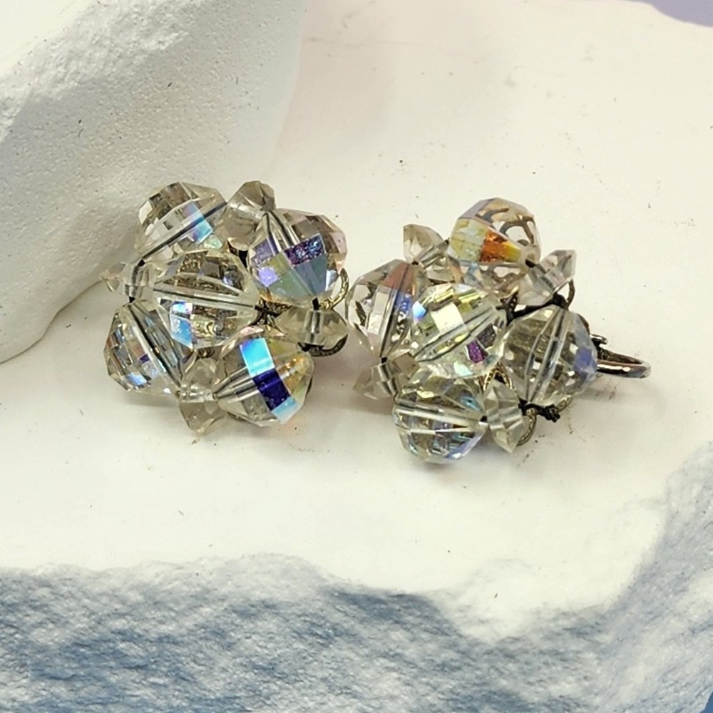 LAGUNA Crystal Bead Cluster Clip On Earrings Aurora Borealis Vintage Statement